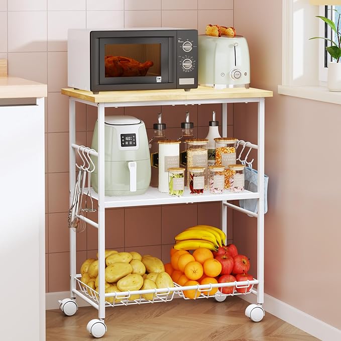 SWTYMIKI Rolling Kitchen Microwave Cart - 3 Tier Microwave Table Stand with Storage Basket and Hooks, Kitchen Utility Cart on Wheels, Coffee Cart Shelf Rack Organizer for Living Room Office, Balcony