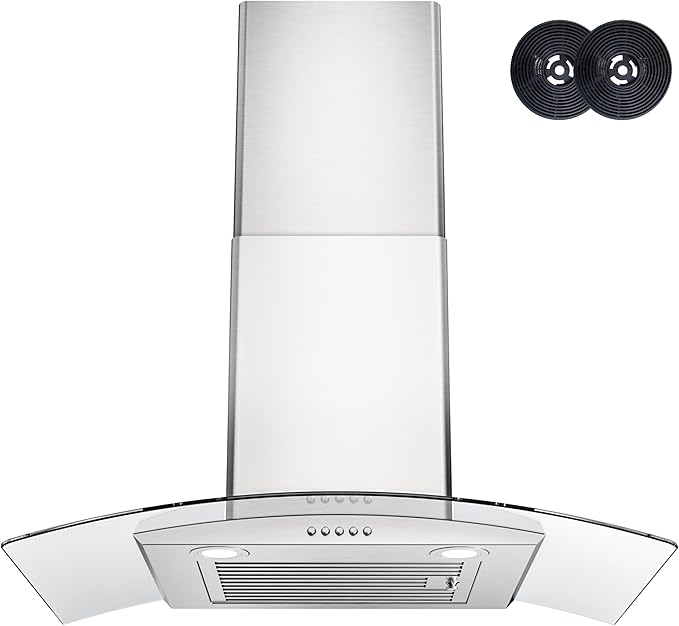 Range Hood 30 Inch, FIREGAS Ducted/Ductless Convertible Wall Mount Range Hood with Tempered Glass, 3 Speed Fan, 400CFM, Button Control, LED Light, Stainless Steel Filters, include 2 Charcoal Filters