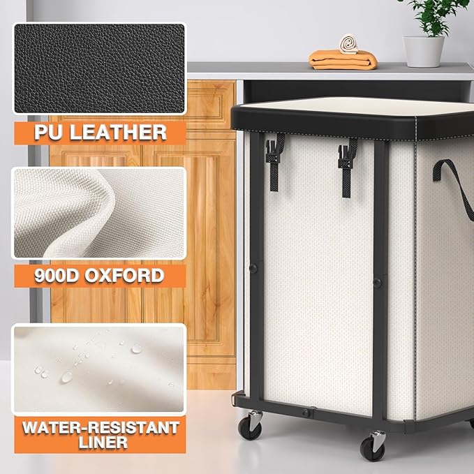 Laundry Basket with Wheels, 150L Leather Patchwork Rolling Hamper Carts - Image 2