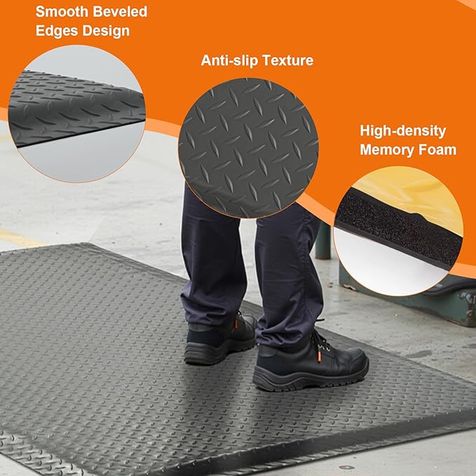 Nisorpa Anti Fatigue Mats Industrial 3' x 6' Ergonomic Standing Mat 15/16" Extra Thick Cushioned Shop Floor Mats Kitchen Mats Heavy Duty Commercial Diamond Plate Support for Leg & Back Pain, Grey