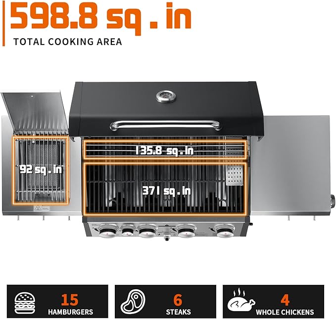 SKOK 4+1 Burners Gas Grill with Infrared Side Burners, Outdoor BBQ Grill with Cast Iron Grates, Barbecue Grill with Wheels, 60,000BTU Output