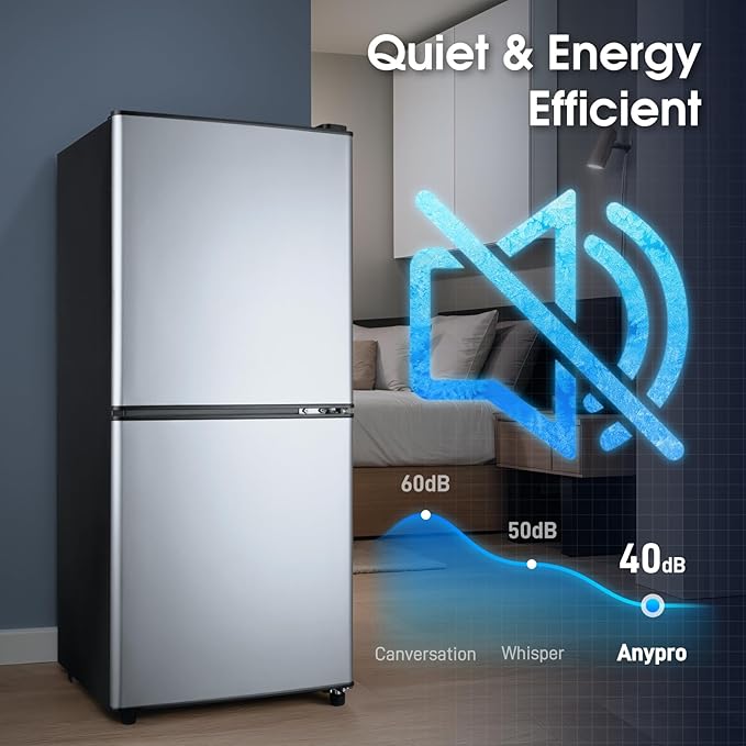 Fridge with Bottom Freezer and Drawer, 4.0 Cu.Ft Double Door Refrigerator with 7 Adjustable Temperature Settings for Bedroom, Dorm, Office, Apartment, Adjustable Shelves, Large Capacity, Silver