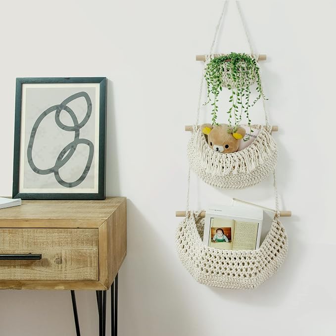 3 Tier Hanging Fruit Baskets for Kitchen, Handmade Cotton Organizer - Image 6