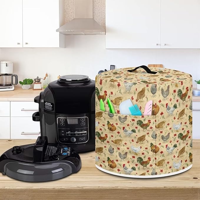 Dust Cover with Pocket for 8 Quart Rice Cooker and Air Fryer, Round Protective Dust-Proof Stain Resistant Electric Appliance Cover Easy to Clean, Chicken