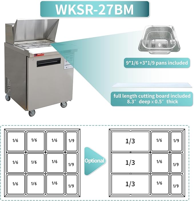 WESTLAKE 27" W Refrigerator Sandwich & Salad Prep Table Commercial Single Door Mega Top Refrigerator Stainless Steel Counter Fan Cooling with 12 pans-27 Large Capacity Inches for Restaurant