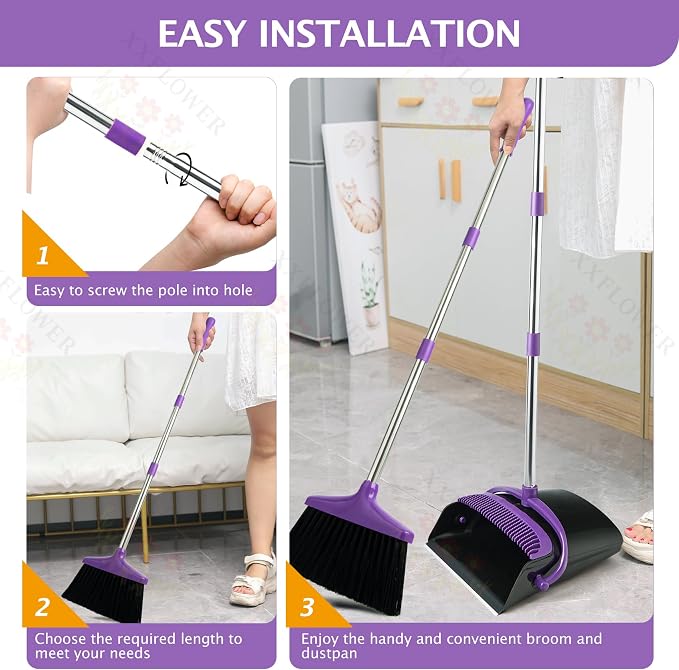 Broom and Dustpan Set with Long Handle, Light Weight Stainless Steel Poles - Image 7