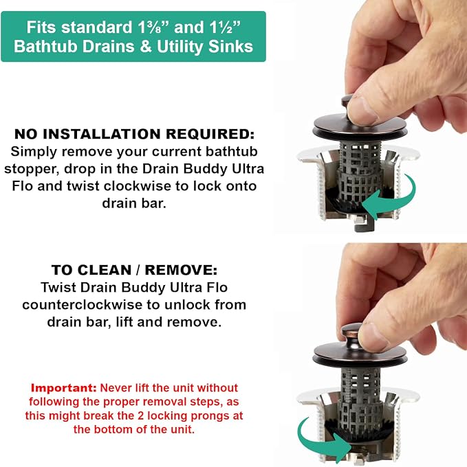 Drain Buddy Ultra Flo No Installation 2 in 1 Clog Preventing Tub Drain Stopper - Image 6