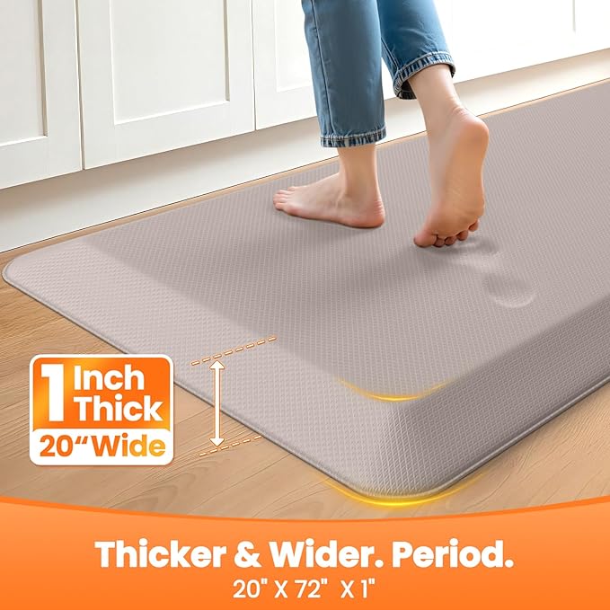 Kitchen Mats for Floor, 1 Inch Extra-Thick Kitchen Rugs, Non-Slip & Waterproof Standing Desk Mat, Comfort Anti Fatigue Mats for Kitchen Floor, Home, Sink, Office (20" X 72", Khaki)