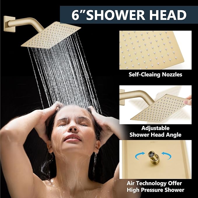 Aolemi Shower Faucet Set Ceiling Mount Shower System Rough-in Valve and Shower Trim Kit 2 in 1 Handheld Spray Push Button Diverter 12 and 6 Inch Dual Shower Head Brushed Gold