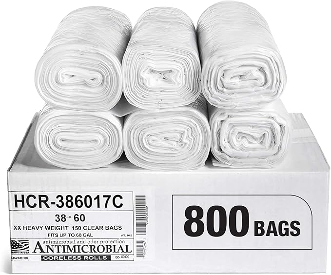 Aluf Plastics 60 Gallon 17 Micron Clear Trash Bags 38" x 60" 800 Count by AlufPlastics