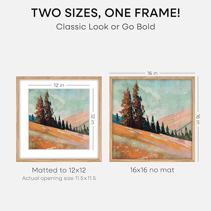 Homeforia 16x16 Picture Wood Frame, High End Natural Oak 16 x 16 Square Light Wooden Frames with Mat 12 by 12 inch Photo, 16by16 Poster Frames Matted to 12x12 Print, Tempered Glass, Wall Kit, Set of 3