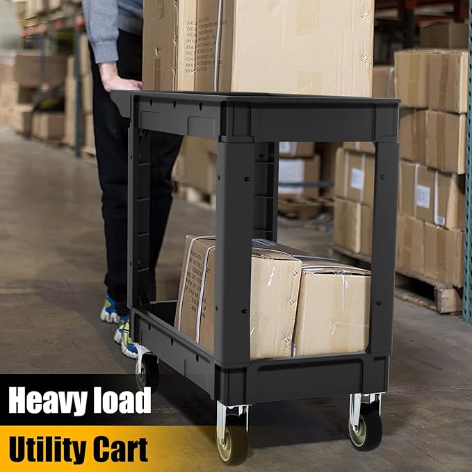 Utility Rolling Tool Cart, 40 x 17-Inch Plastic Rolling Carts Huge Storage W/Deep 2-Shelf Heavy Duty Service Carts with Wheels,550 lbs Capacity Organizer for Garage,Warehouse,Workshop-Medium