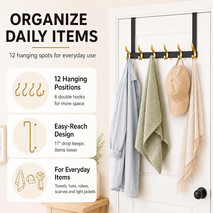 Peasulin Over The Door Hooks, 1 Pack Black 11" Long Door Hanger Rack | - Image 5