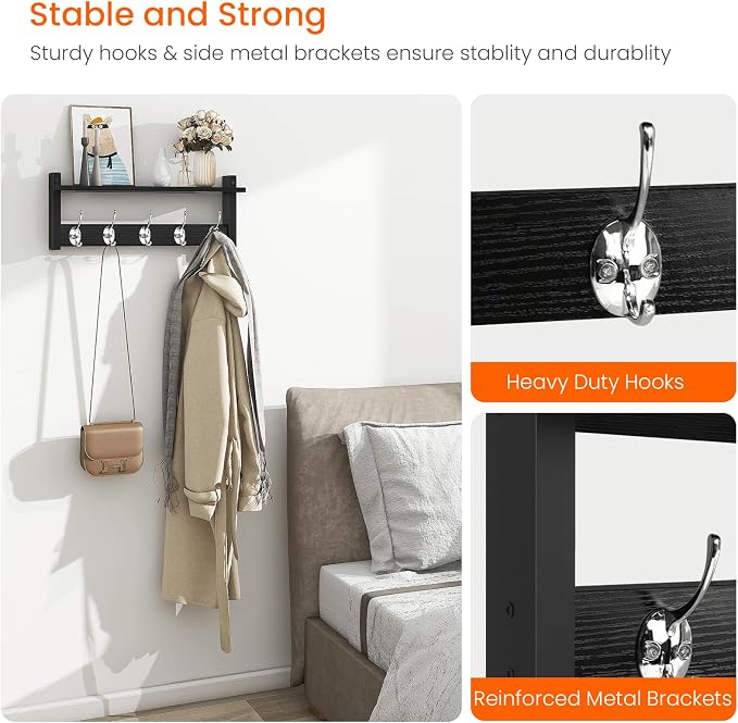 Wall Coat Rack With Shelf, Wood Entryway Hanger With Hooks, Small Floating Pegs - Image 4