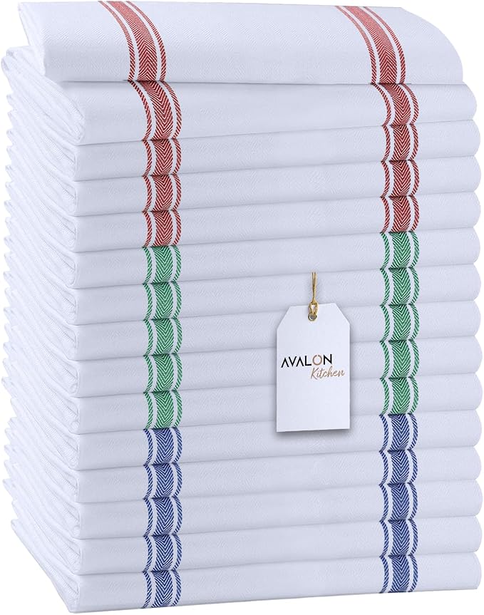 Dish Towels 15 Pack Multi Stripe 100% Cotton Kitchen Towel 15x25 Inch Tea Towels by Avalon+Kitchen