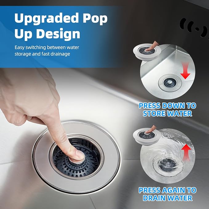 Hibbent 2 Pack 3 in 1 Kitchen Sink Drain Strainer, Metal Pop Up Stopper - Image 6