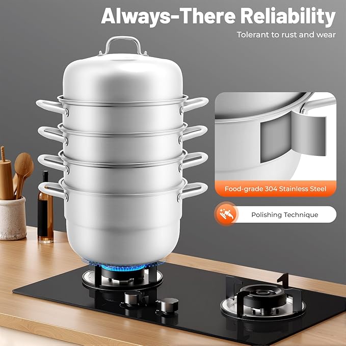 5-Tier Food Steamer Pot for Cooking, 2.38 Gal Stainless Steel Steamer Pot with Lid, Stackable Steaming Pots Steam Cooker Cookware for Dumpling Seafood, Compatible with Gas Stove (12.8 Diameter)