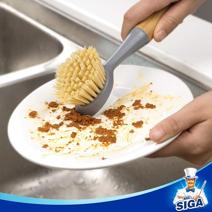 MR.SIGA Dish Brush with Bamboo Handle Built-in Scraper, kitchen sinks cleaning - Image 2