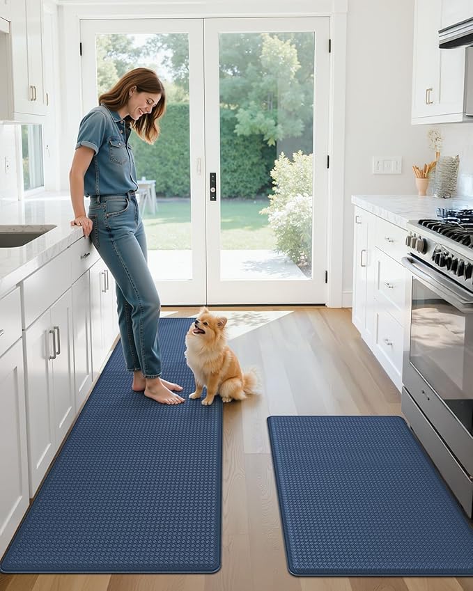 Color&Geometry Anti Fatigue Cushion Padded Kitchen Mat for Floor - 17x29+17x59,Easy Clean, Waterproof & Oil Proof, Anti Slip, Foam Rubber Runner Rug for Front Sink Comfort Standing, Blue Set of 2