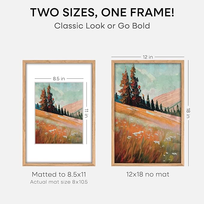 Homeforia 12x18 Picture Frame Wood, High End Natural Oak 12x18 Light Wooden Poster Frame with Mat 8.5x11, 12 x 18 Frames Matted to 8.5 by 11 Photo, 18x12 Thin Frame, Tempered Glass, Wall Kit, Set of 2