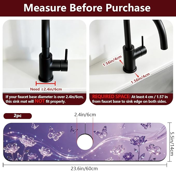 2 Pcs Kitchen Sink Splash Guard Faucet Mat Purple Dream Butterfly Pattern - Image 2