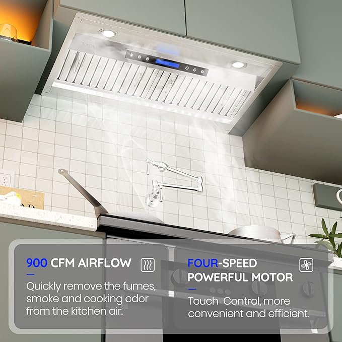 EKON NAB02-42" 900CFM Range Hood Insert, Ducted/Ductless Convertible Built-in Range Hood with Remote/4-Speed Touch Control LCD Display,Adjustable Leds for Over Kitchen Stove