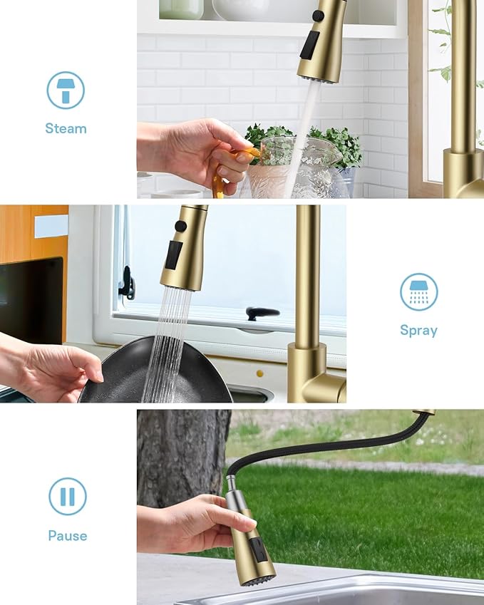 WEWE Kitchen Faucet with Pull Down Sprayer and Soap Dispenser, Stainless Steel Kitchen Sink Faucets, 3-Mode High Arc Single Handle Faucet for RV Farmhouse, Gold