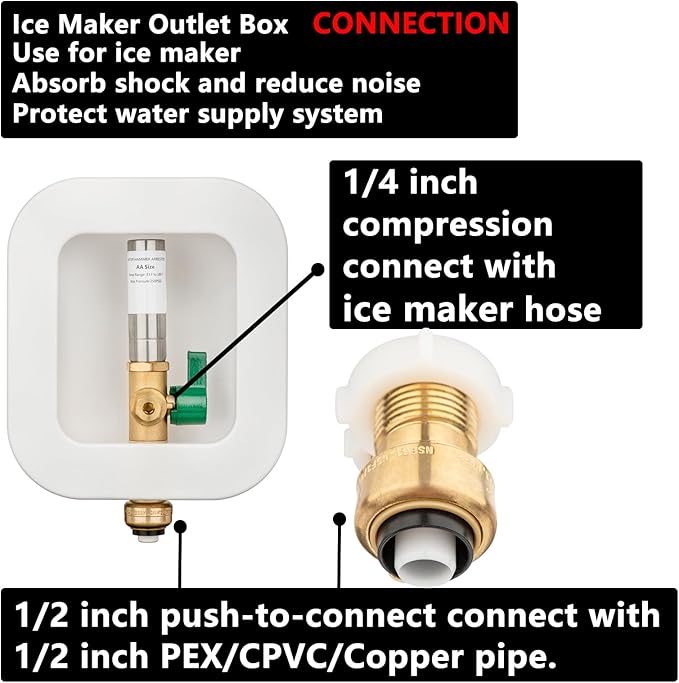 (1 Pack) Lidertik 1/2 inch Push-to-Connect Pre-Assembled Ice Maker Outlet Box Valve 1/4 inch Recessed Refrigerator Water Line Wall Box with Shut Off Valve and Stainless Steel Hammer Arrestor 611-LK