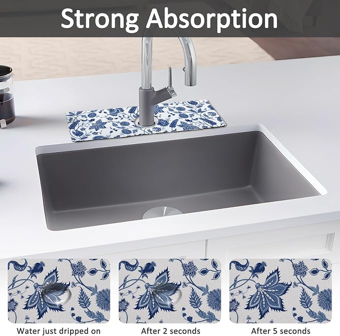 15" X 5.5" Kitchen Sink Splash Guard Faucet Mat Floral Super Absorbent Fast - Image 3