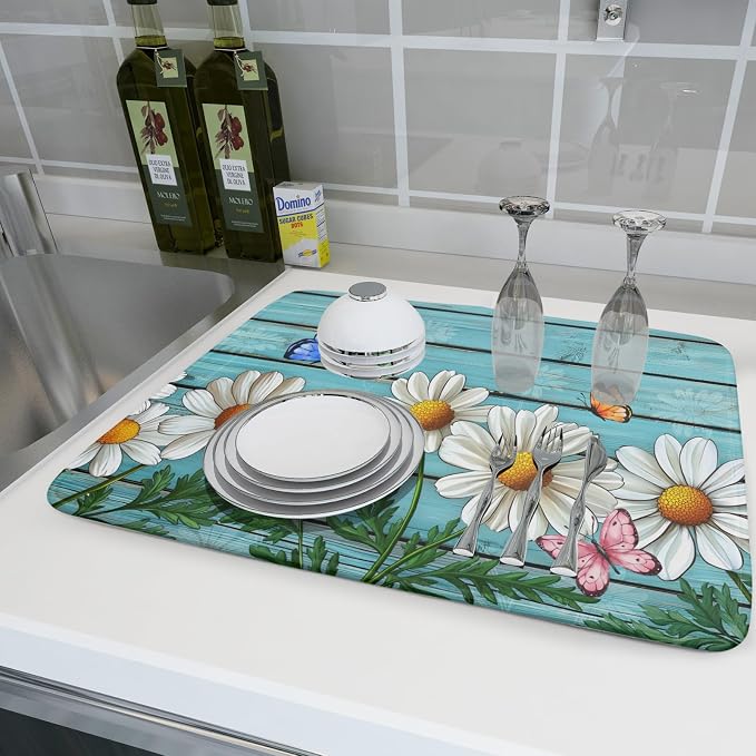 Daisy Dish Drying Mat for Kitchen Counter 18”x24” Rustic Daisy Absorbent Dish - Image 6