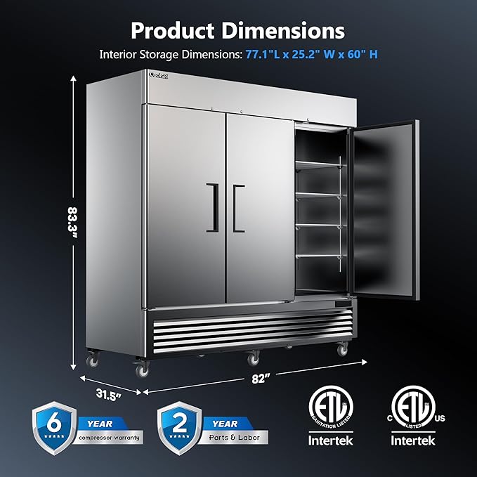 Coolski 82'' Commercial Freezer 3 Doors, Reach-In Upright Freezer for Restaurants Bars Garages, 72 Cu.Ft Auto Defrost -13 to -5℉ Temp Control Fan Cooling, ETL NSF Approved