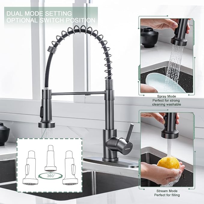 WEWE Pull-Down Kitchen Faucet, 2-Mode Sprayer, Matte Gray, High Arc | 360 Swivel - Image 3