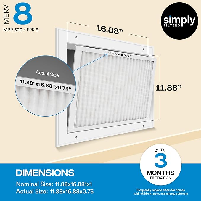 Simply 12x16x1 Air Filter, Merv 8, 6 Pack, For Home AC Furnace & HVAC (Actual Size: 11.75"x15.75"x0.75") DUST, Pet, & Allergy Control