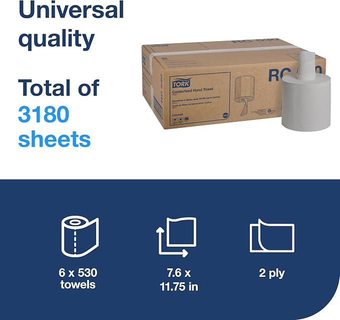 Tork Centerfeed Hand Towel White M23, 6 x 530 Towels - Image 2