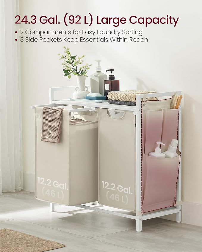 VASAGLE Laundry Hamper with Shelf, 2 Pull-Out Bags, 2 x 12.1 Gallons - Image 3