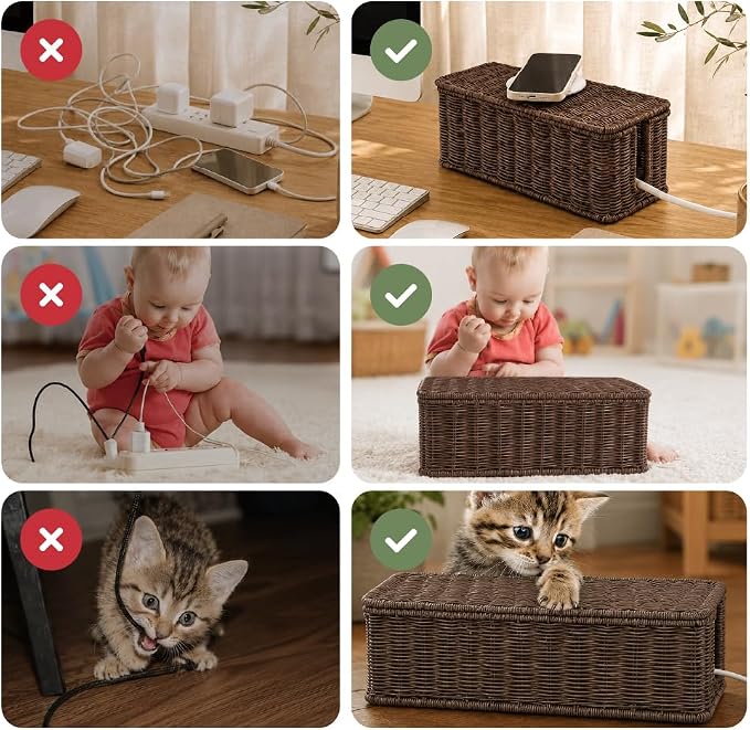 Cable Management Box, Handmade Rattan Cord Organizer - Image 8
