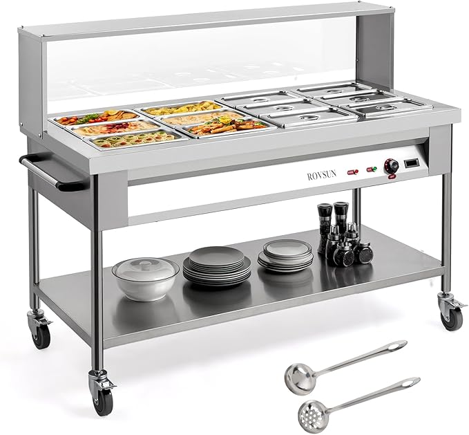 ROVSUN 96QT 1500W Electric Commercial Food Warmer, 12-Pan Steam Table 8QT/Pan Stainless Steel Bain Marie w/Acrylic Shield Overshelf Undershelf Temperature Control & Lid for Buffet Restaurant 110V
