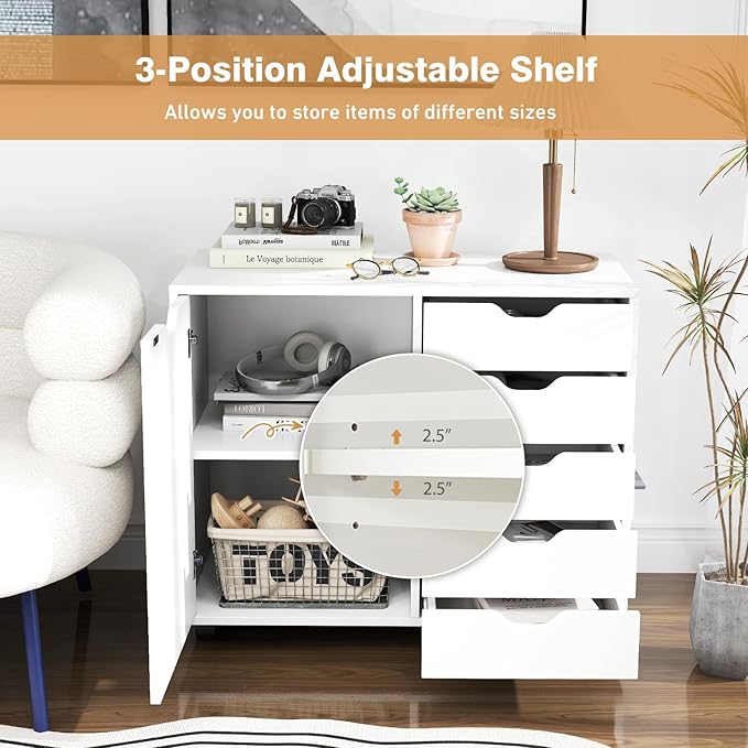 File Cabinet, White Filing Cabinet w/Universal Wheels, Printer Stand w/Door & Storage Drawers, Rolling File Cart for Home Office, Living Dining Room, Bedroom (White, 5 Drawers & 1 Door)