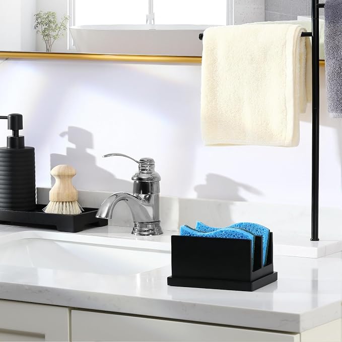 Luxspire Kitchen Sponge Holder wtih Drain Tray, 2 Compartment, Matte Black - Image 7