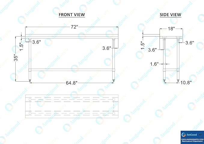AmGood Stainless Steel Work Table with 1.5" Backsplash | Metal Kitchen Food Prep Table | NSF (72" Long x 18" Deep)