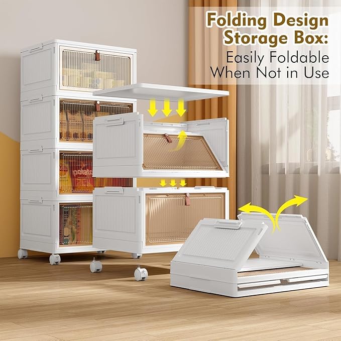 4 Tier Plastic Storage Bins with Lid 28QT - Stackable Storage Containers with Wheels, Folding Storage Boxes, Collapsible Storage Bins, Closet Organizers and Storage