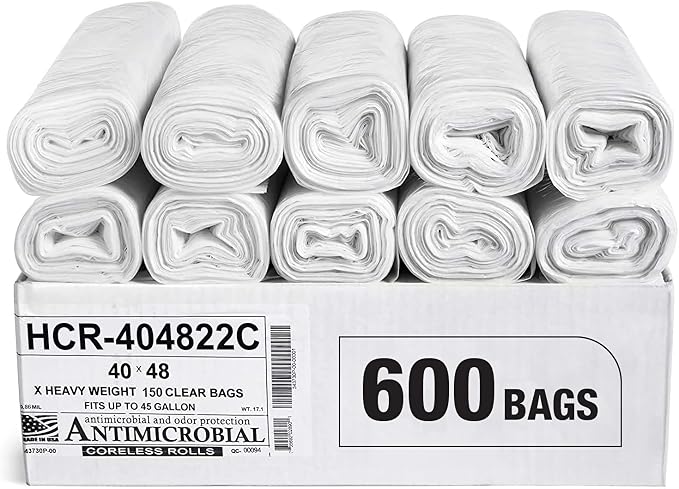 Aluf Plastics 45 Gallon 22 Micron Clear Trash Bags 40" x 48" 600 Count by AlufPlastics