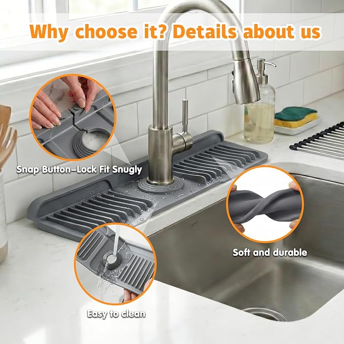 Silicone Faucet Mat for Kitchen Sink, fits kitchen & bathroom sinks; food-grade - Image 4