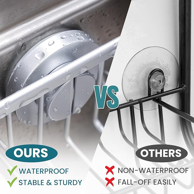 TAILI Sponge Holder for Kitchen Sink with Strong Suction Cup Removable, Rustproof Aluminum Sink Caddy for Sponge, Brush, Scrubber, Scraper -Silver