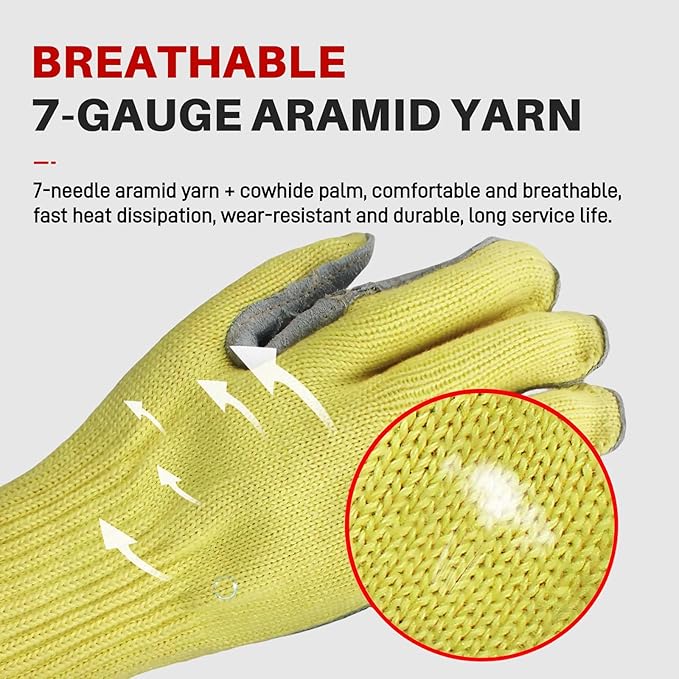 Heat Cut Resistant Gloves,Aramid leather Oven Gloves with Fingers,Heat Resistant Up to 550°F, Thick Knit Design- Grill Mitts for Men & Women(Aramid leather, Small)