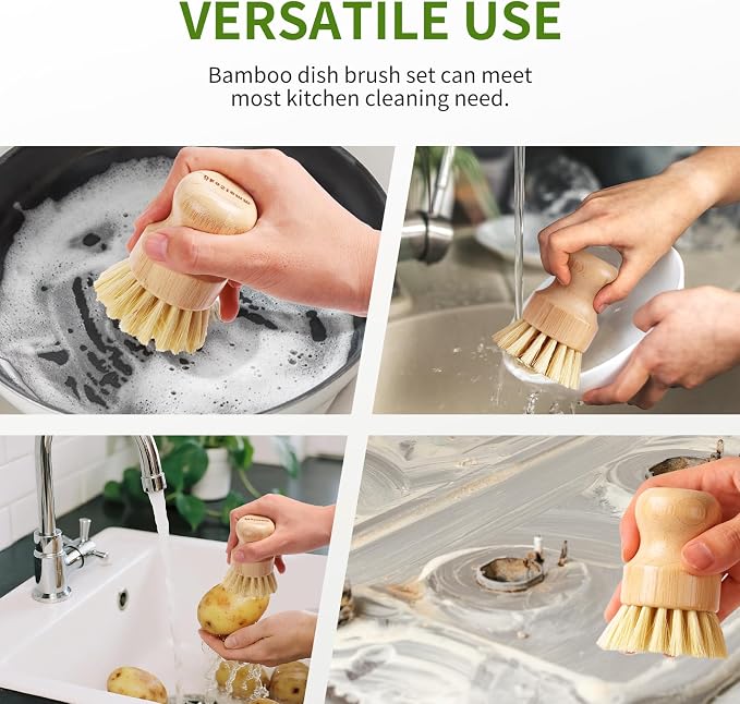 4 Pack Bamboo Dish Brush with Sisal Bristles - Image 5
