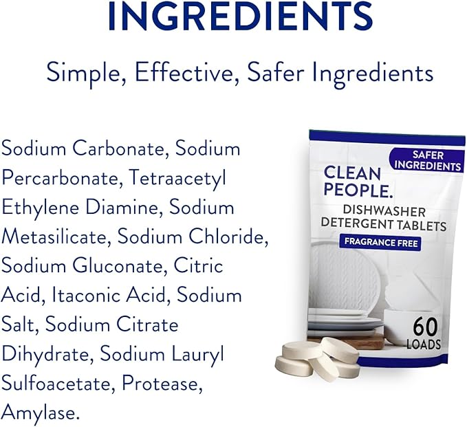 The Clean People Dishwasher Tablets - Cuts Grease & Rinses Sparkling Clean - Residue-Free - Phosphate Free Dishwashing Tablets (60 Count, Fragrance Free)