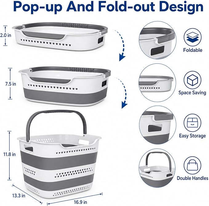 2 Pack Collapsible Plastic Laundry Basket - 42L Foldable Pop Up Clothes Hamper - Image 4