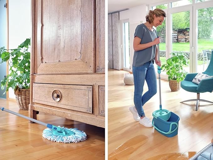 Leifheit Clean Twist Disc Mop Ergo Mop and Bucket, Floor Mop with Moisture-Controlled Spin Mop, Easy-Steer 360 Joint Microfibre Mop Head, 33cm Wide, Twist Mop