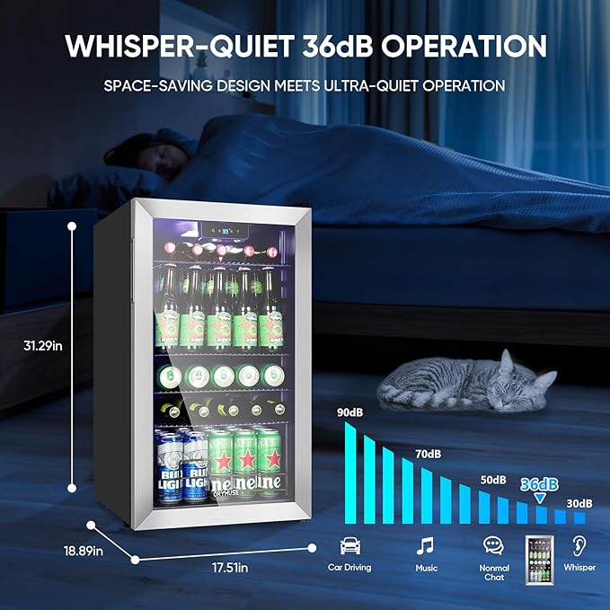 3.2 Cu.Ft Beverage Refrigerator with Compressor Cooling, 130 Can Glass Door Mini Fridge for Soda, Beer & Wine, Adjustable Shelves, Digital Temperature Control, for Home, Office & Bar